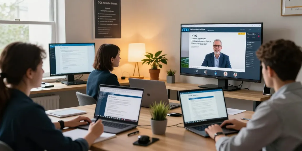 Engaged professionals in NVQ Level 6 in Saudi Arabia virtual training session, focusing on occupational health and safety with digital resources.