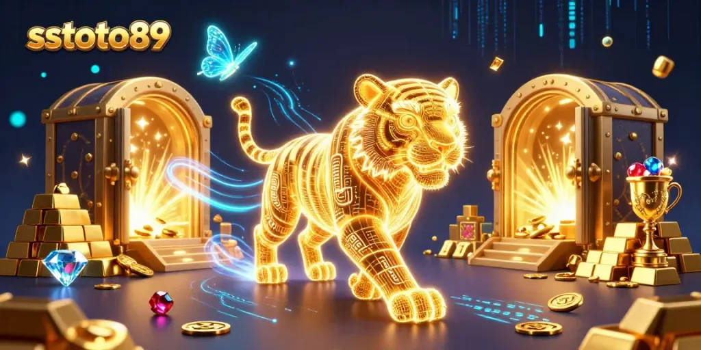 sstoto89 menghadirkan ilustrasi kasino digital dengan harimau emas bersinar dan efek harta karun yang memukau