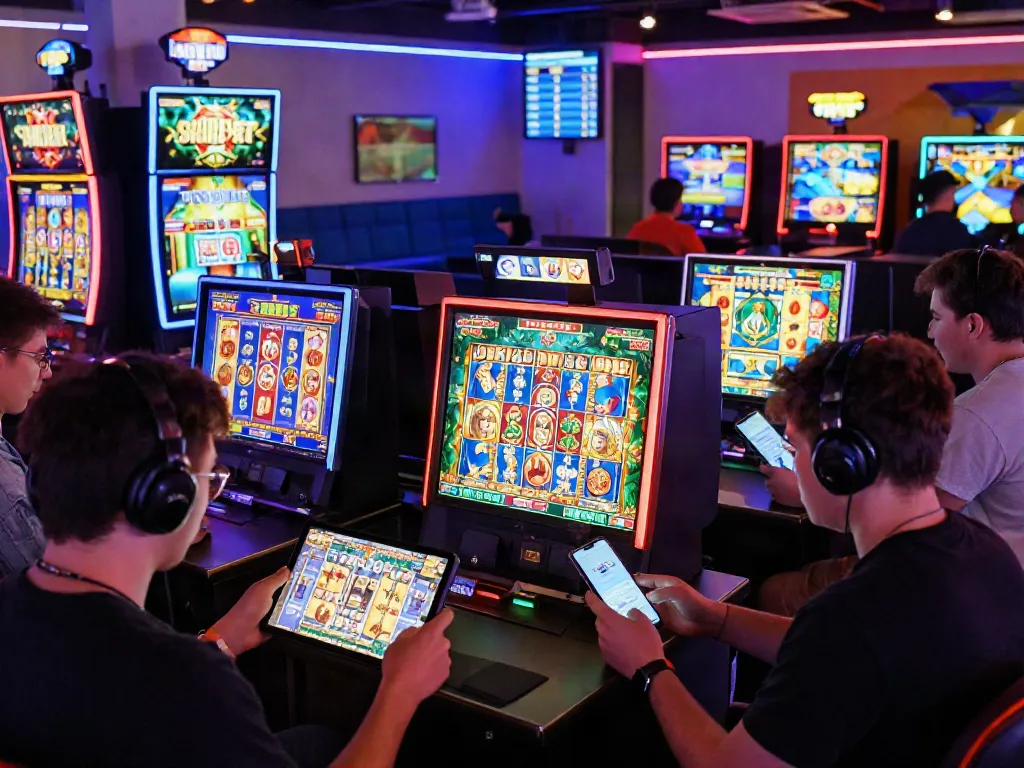 Exciting online slot game scene with players engaging on devices amidst vibrant neon lights.