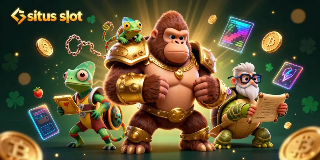 Gorila raja 3D di situs slot modern dengan kombinasi elemen perjudian dan simbol keberuntungan.