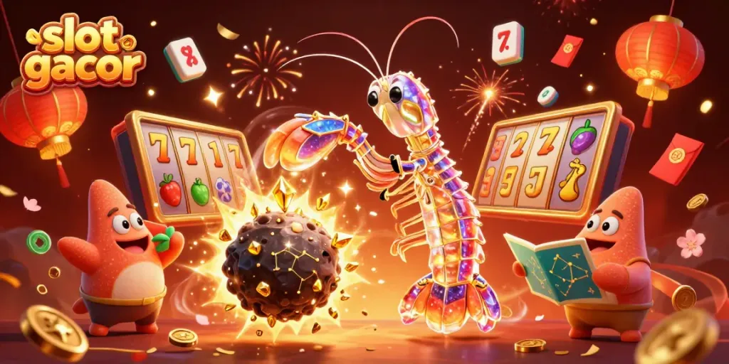 Unleash vibrant slot gacor excitement with a galactic samurai mantis shrimp surrounded by dynamic casino symbols.