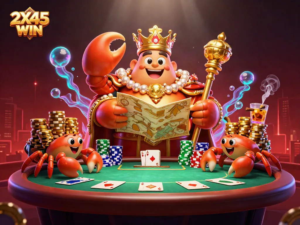 Memenangkan taruhan di 2X45WIN dengan ilustrasi kartun 3D yang menggambarkan kaisar kepiting emas dan unsur kasino.