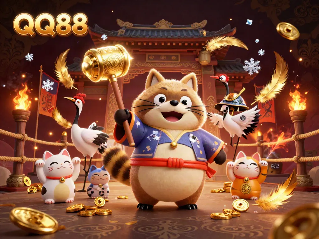 Engaging QQ88 illustration with cheerful tanuki and crane amidst casino elements, embodying excitement.