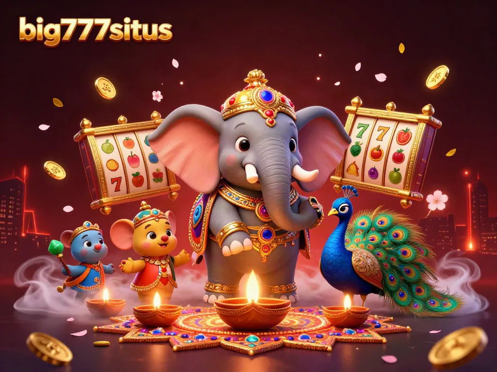 Engage with big777situs in a vibrant casino scene featuring a Diwali-themed elephant and slot machines.