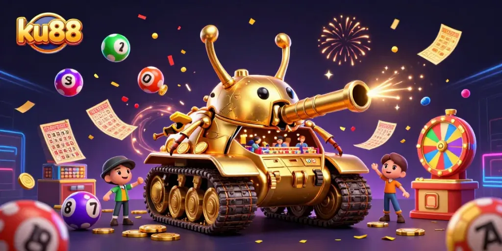 Experience the vibrant ku88 casino scene with a golden tank and colorful lottery elements.