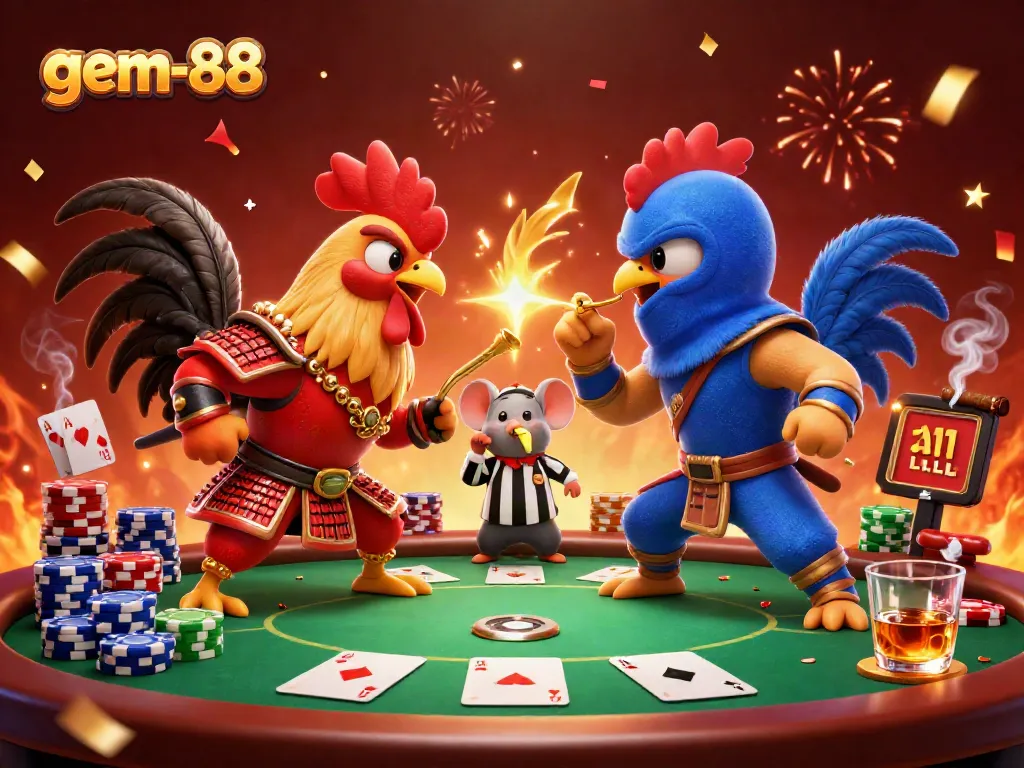 Experience high-stakes excitement at gem-88 with intense rooster battles in a vibrant casino scene.