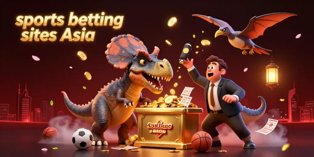 Vibrant 3D scene depicting sports betting sites Asia with animated dinosaurs engaging with betting paraphernalia.