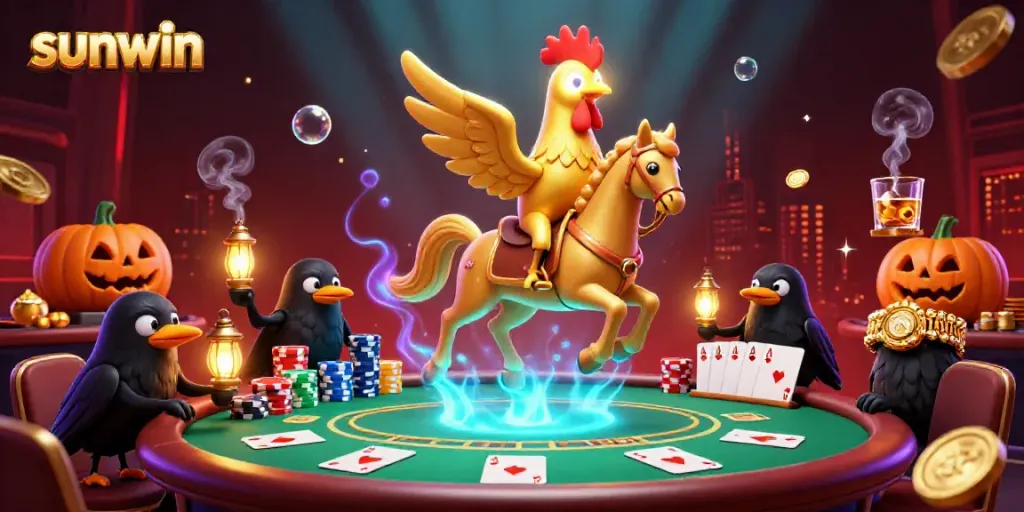 Experience the excitement of sunwin in a vibrant midnight casino with gold and colorful poker elements, featuring a golden rooster.
