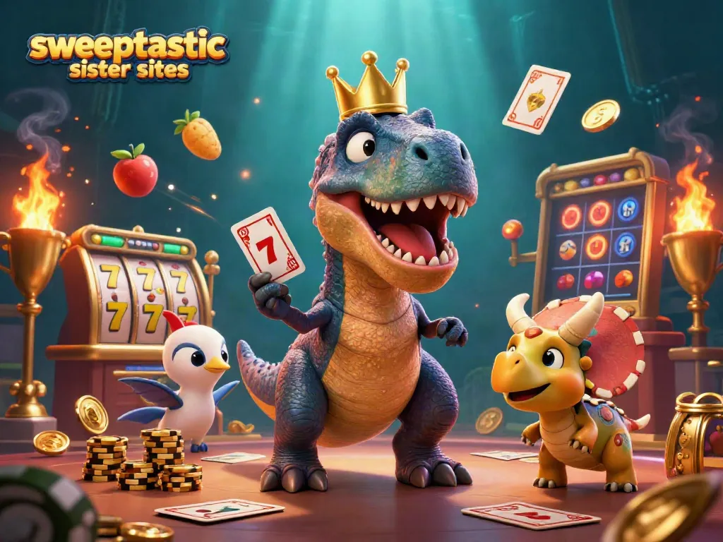 Sweeptastic sister sites showcase a vibrant 3D illustration of characters playing casino games with dynamic elements.