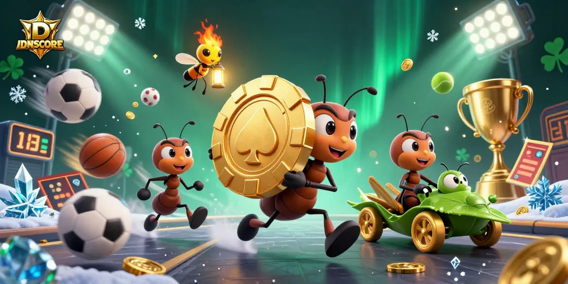 IDNSCORE shows a trio of ants on a thrilling casino heist, highlighting playful gambling themes.