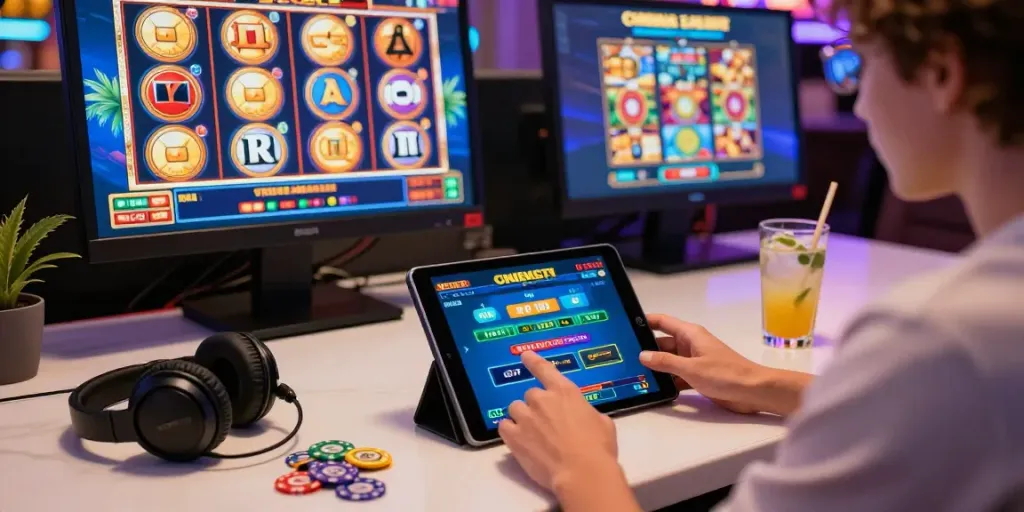 Ein Spieler interagiert mit der Verde Casino Plattform auf einem Tablet an einem stilvollen Gaming-Tisch, umgeben von lebhaften Grafiken und tropischer Dekoration.