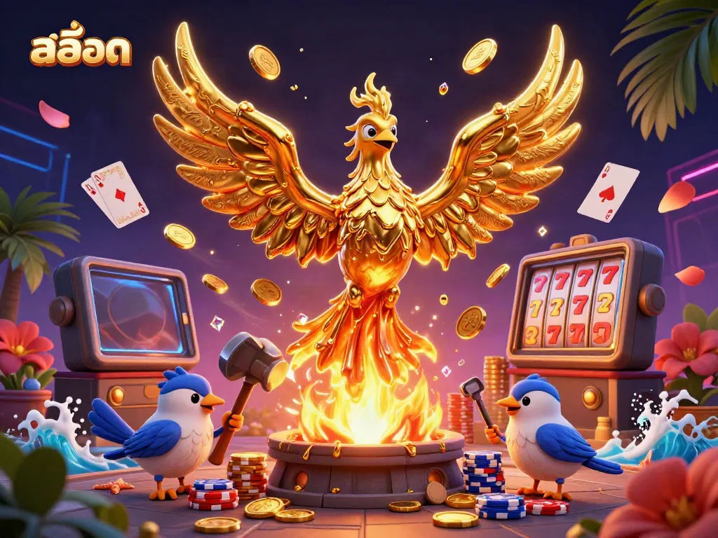Celebrate casino action with สล็อต-themed 3D illustration featuring golden phoenix, coins, and vibrant gaming elements.