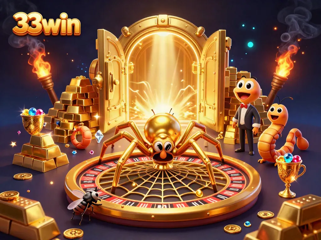 Experience the excitement of 33win as a cartoon spider spins a roulette wheel in a vibrant casino illustration.
