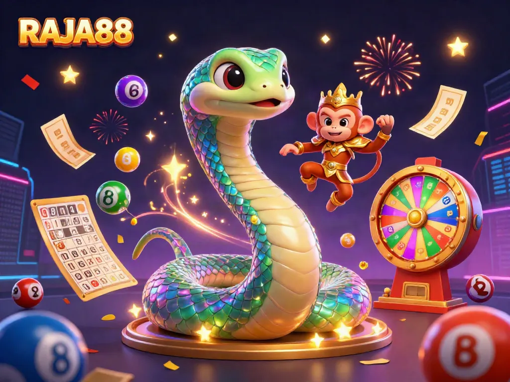 RAJA88 menarik perhatian pemain dengan ilustrasi ceria yang menampilkan mesin lotere dan bola berwarna-warni.