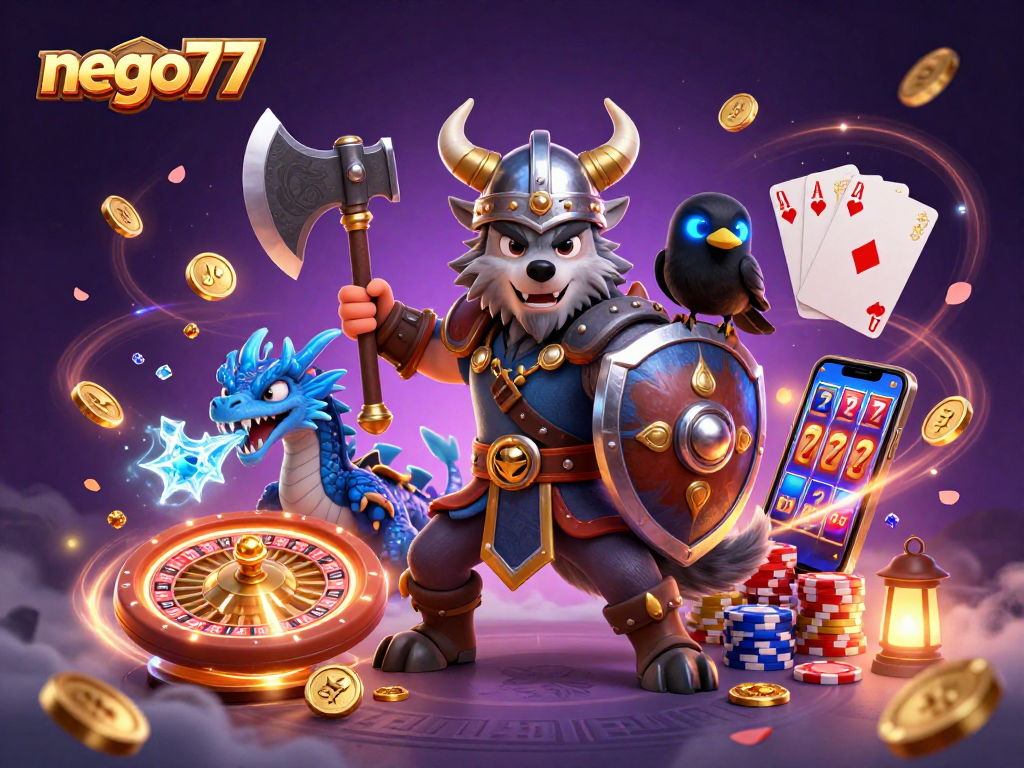 Experience the thrills of NEGO77 casino gaming with vibrant elements and dynamic characters.