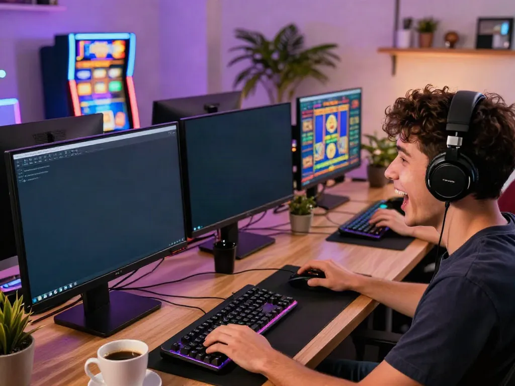 Excited player engaging with multiple slot demo games on computer screens in a colorful gaming setup.