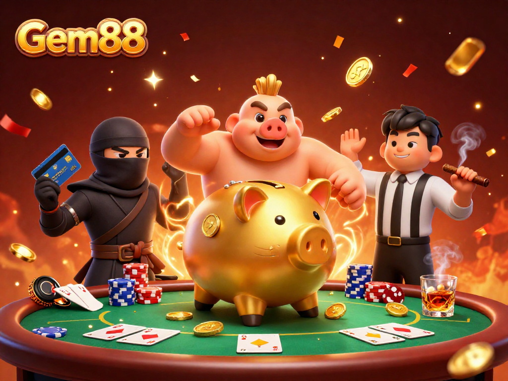 Join Gem88's spirited poker showdown with dynamic characters and vibrant casino elements!
