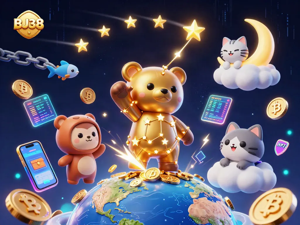 Engage in thrilling games at BJ38 with ultra-detailed casino-themed illustration of a starry bear and crypto elements.
