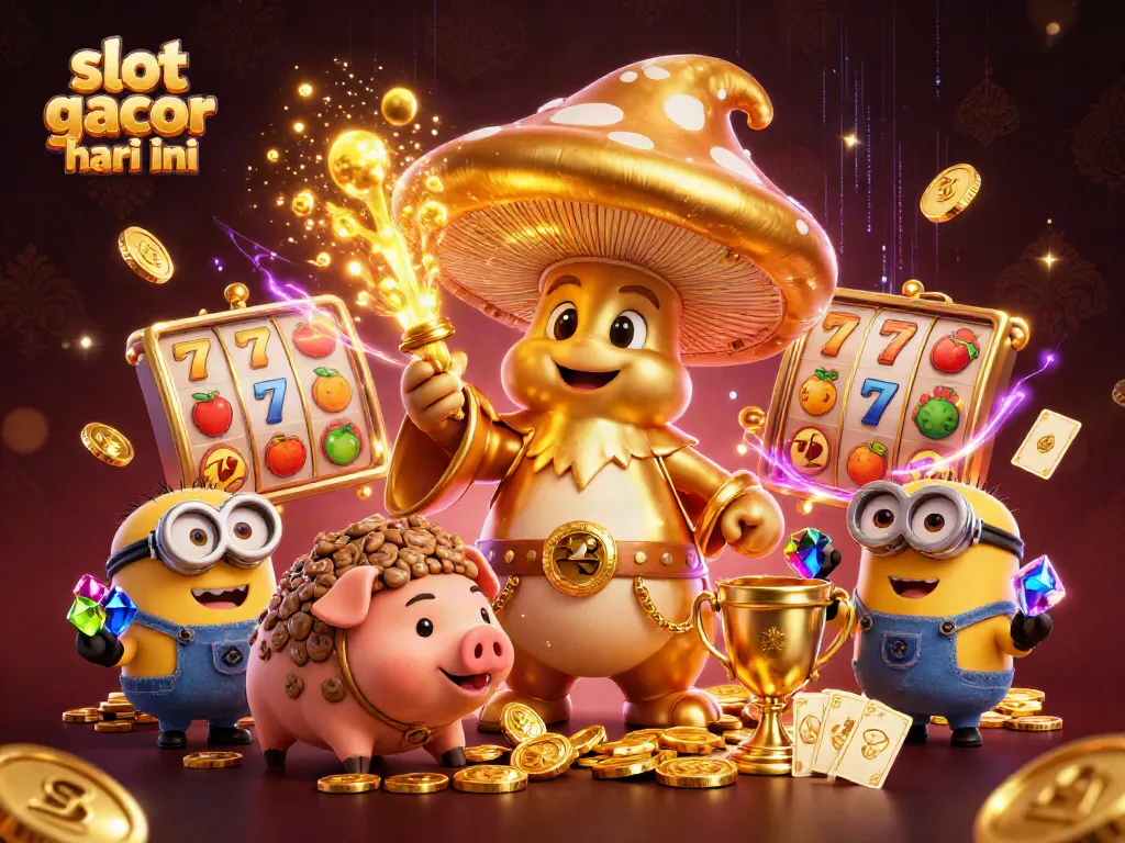Spin the reels at slot gacor hari ini, featuring a golden mushroom wizard and treasures