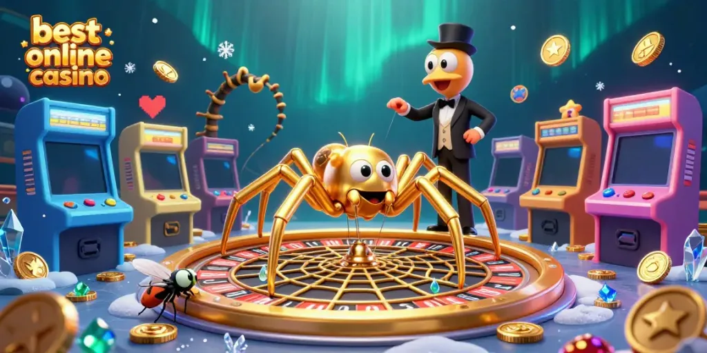 Experience the best online casino with a thrilling illustration of a golden spider spinning a roulette web.