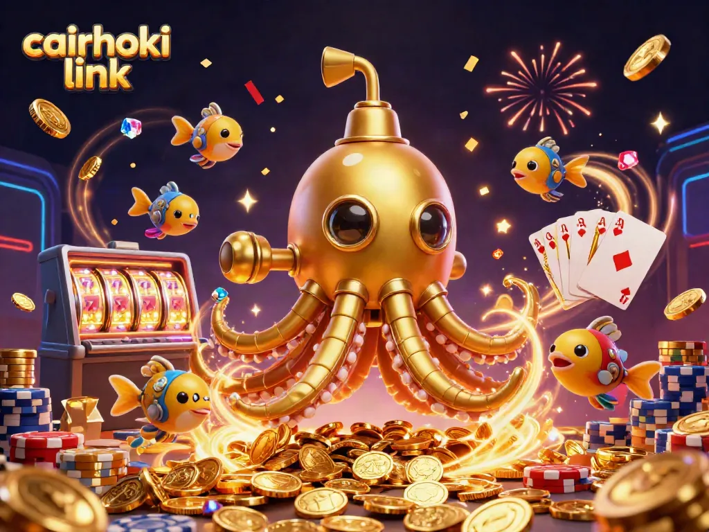 Gambarkan cairhoki link dengan kraken emas dan mesin slot yang bersinar.