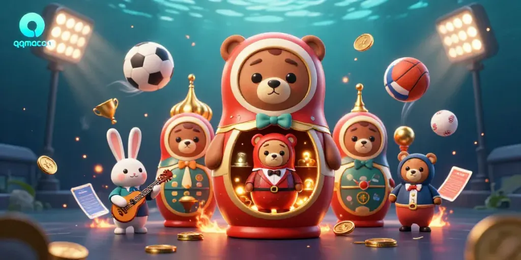 Engage with the thrilling world of qqmacan featuring a vibrant 3D scene of cartoon characters and casino elements.