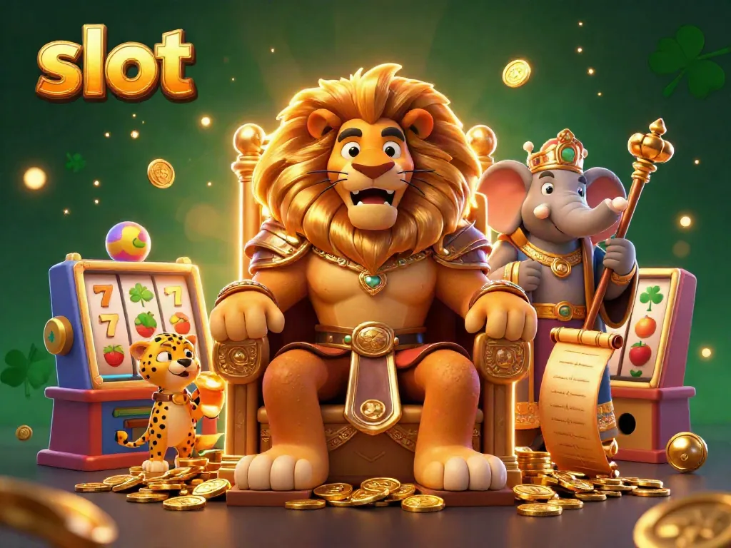 Experience thrilling action with a fierce lion king, elephant advisor, and cheetah messenger in a vibrant slot machine scene.