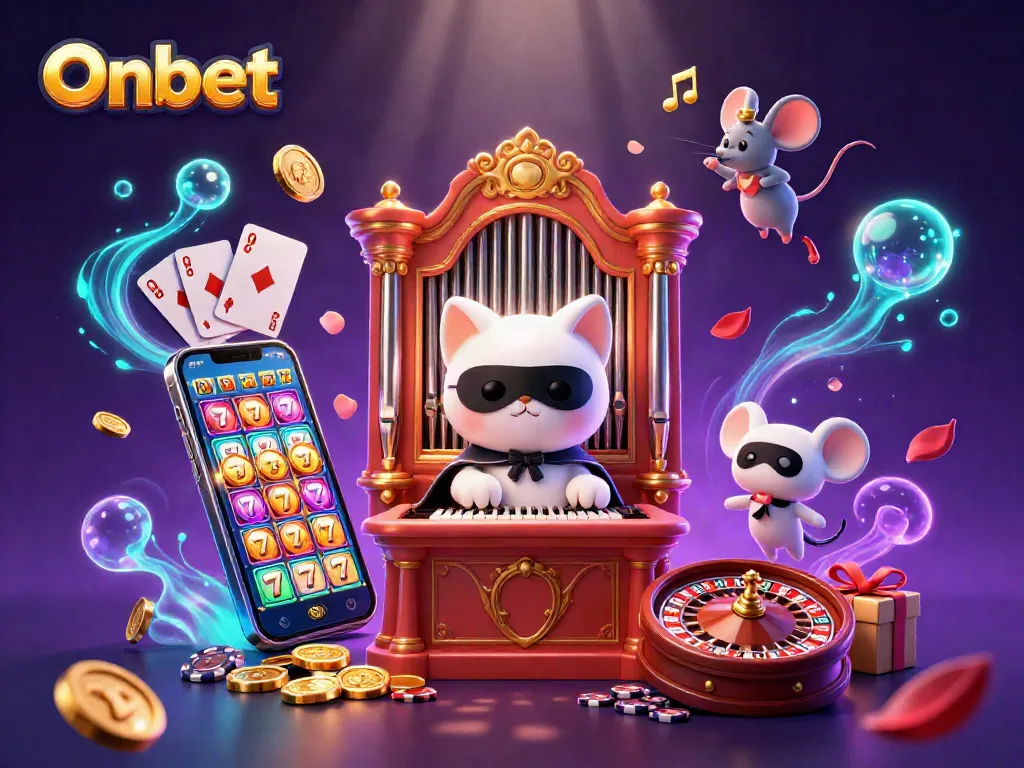Experience the magic of Onbet with a stunning casino-themed 3D illustration featuring vibrant game elements.