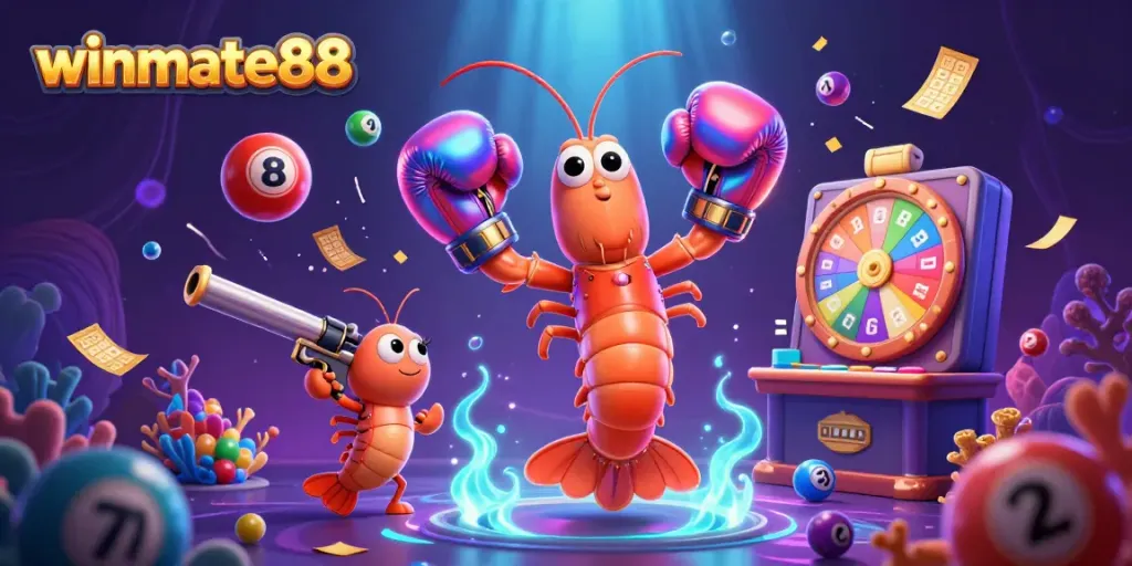 Winmate88 showcases an energetic 3D scene with vibrant gambling elements like lotto balls, glowing confetti, and charismatic characters.