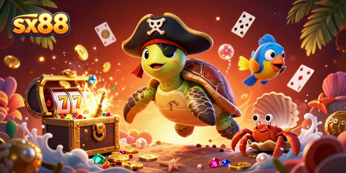 SX88 offers an engaging casino experience with a dynamic 3D scene of a turtle, crab, and fish celebrating underwater treasures.