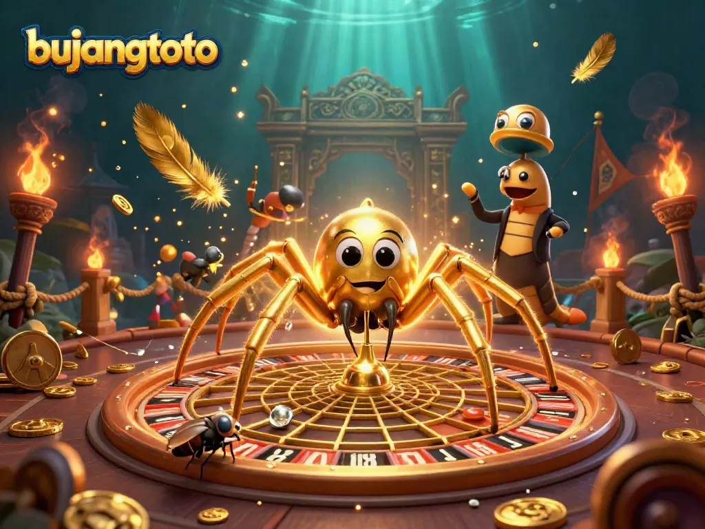 Experience thrilling gameplay at bujangtoto with a whimsical illustration of a roulette wheel web, dynamic characters, and rich details.