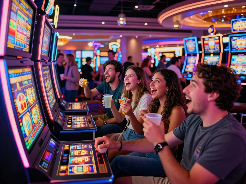 Friends enjoying Lucky777 slot machine at a lively Vegas casino, vibrant atmosphere.