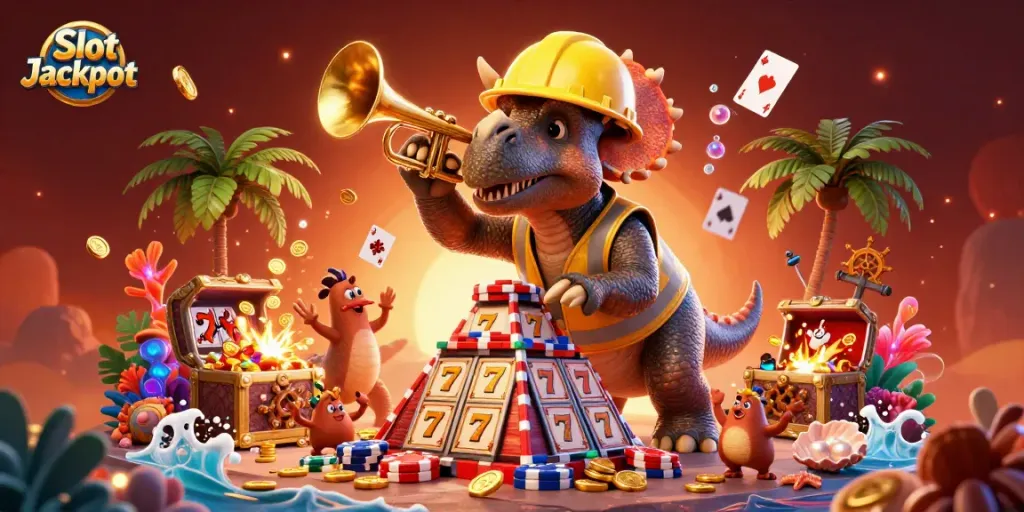 Experience the excitement of Slot Jackpot with a vibrant 3D illustration featuring dynamic characters in a casino setting.