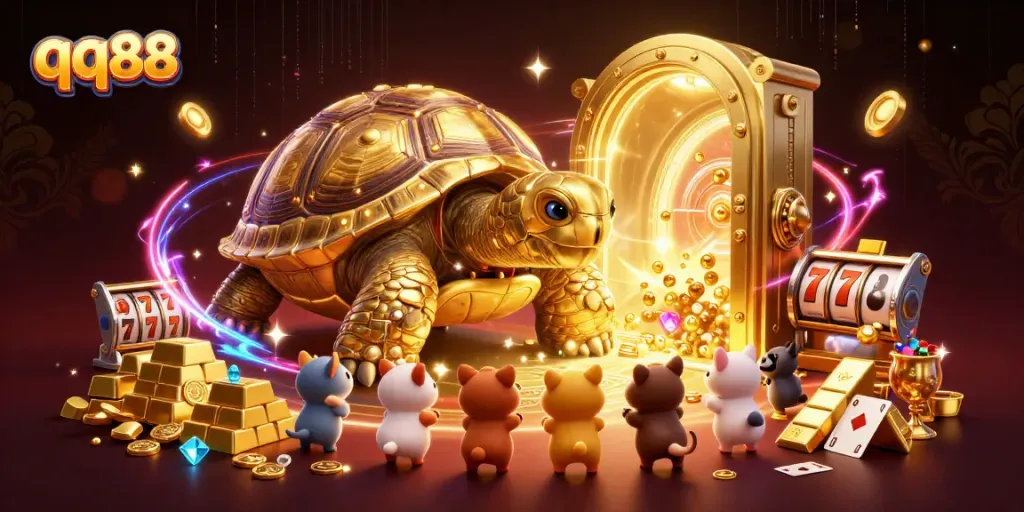 Engage with qq88's vibrant casino world featuring a golden tortoise pinball machine among treasures.