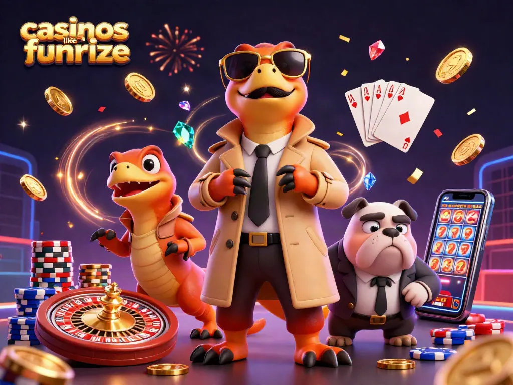 Experience casinos like funrize with raptors in a trench coat and casino elements in a vibrant scene.