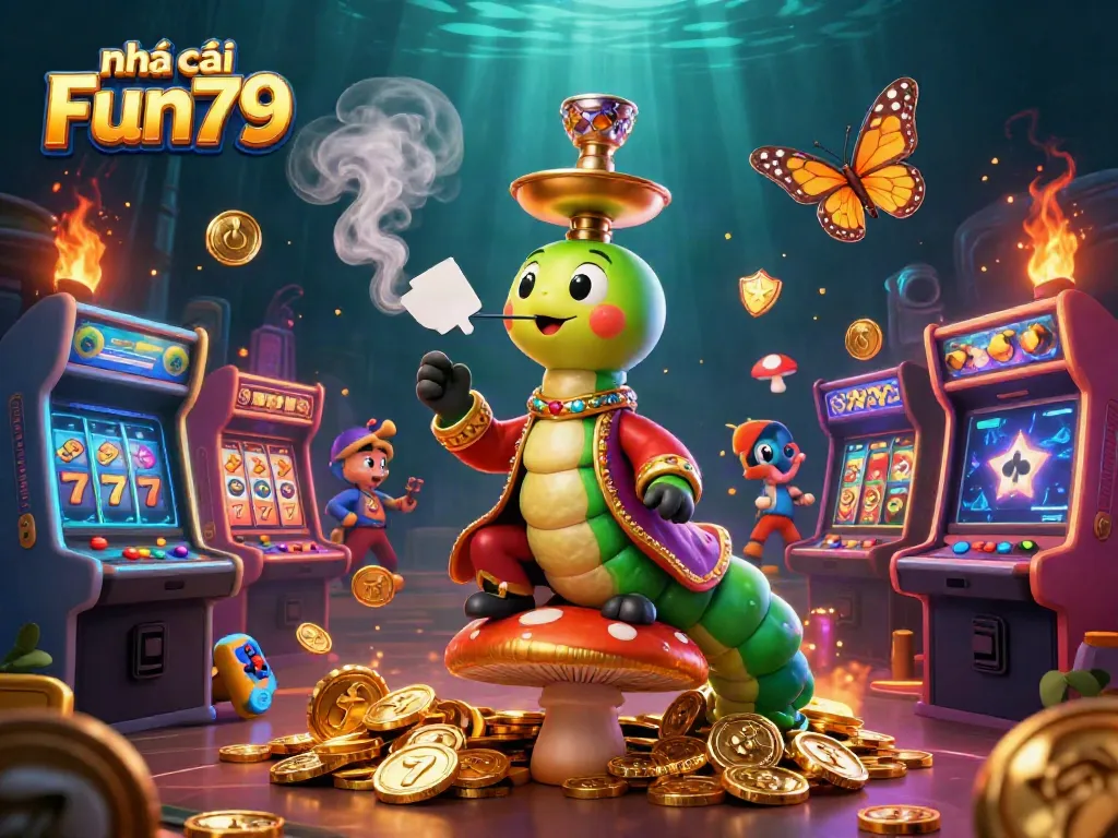 Engaging scene with nhà cái Fun79 characters featuring vibrant slot games, creating an exciting gaming experience.