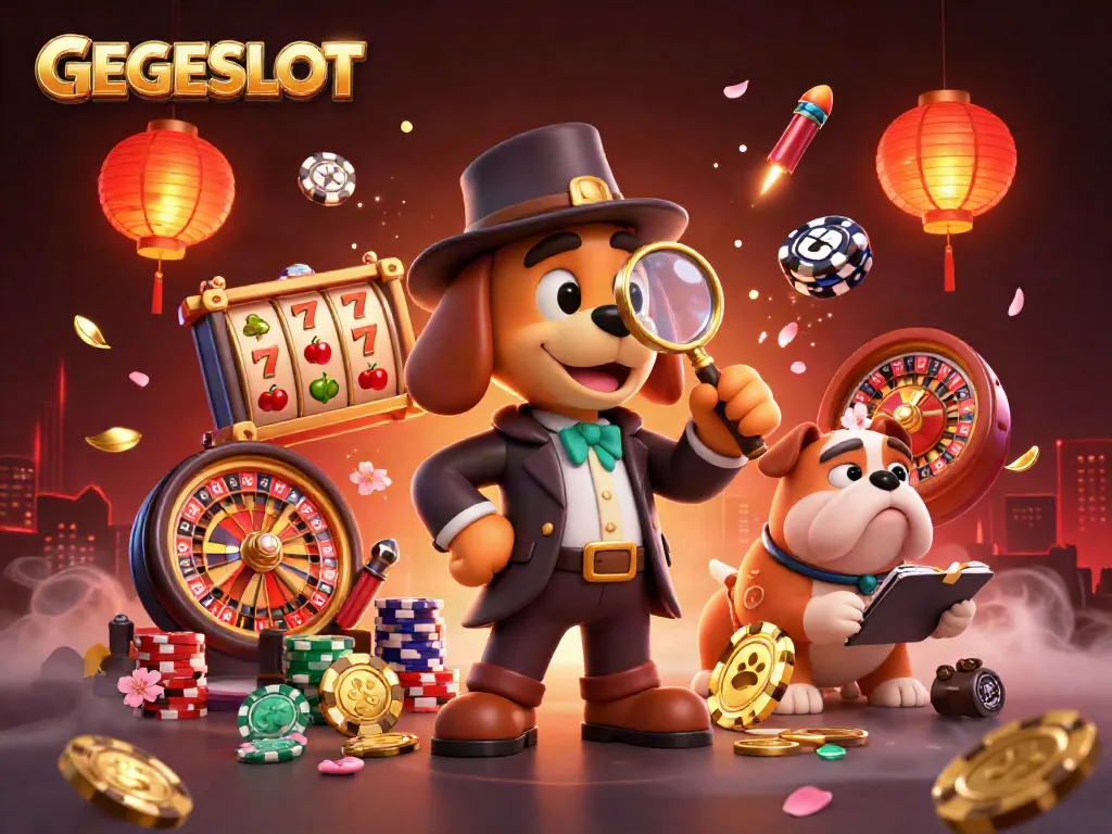 GEGESLOT detective cartoon dog investigating a golden poker chip amidst slots and festive casino elements.