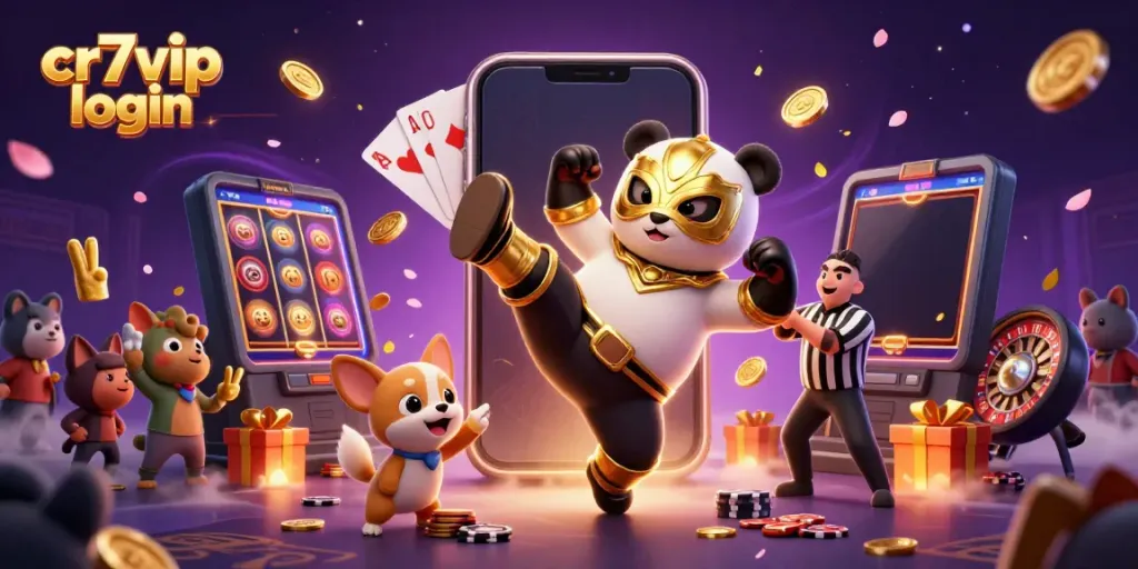 CR7VIP login menunjukkan momen menarik dalam permainan kasino dengan panda pegulat 3D.