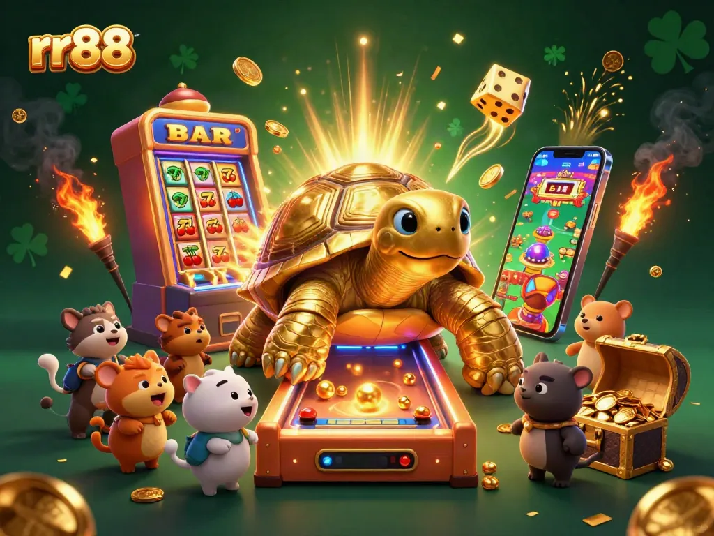 Experience thrilling gameplay at rr88 with an exciting scene featuring a golden tortoise pinball machine and a jackpot burst.