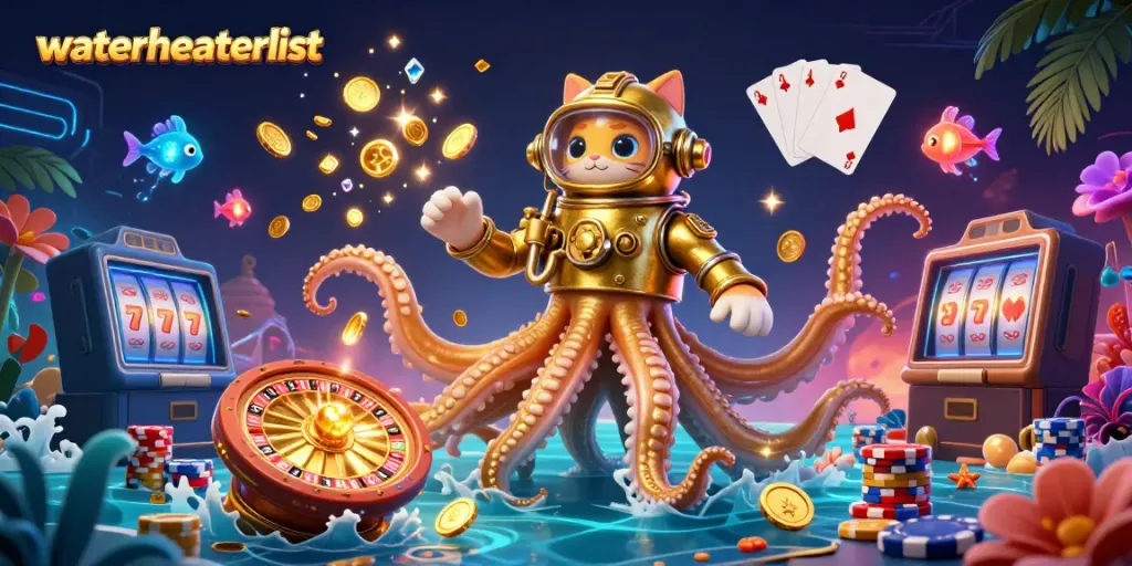 Experience the thrill of gaming with waterheaterlist, featuring a giant kraken, diving cat, and cascading coins.