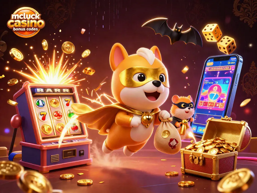 Win with mcluck casino bonus codes in a vibrant illustration packed with casino elements.