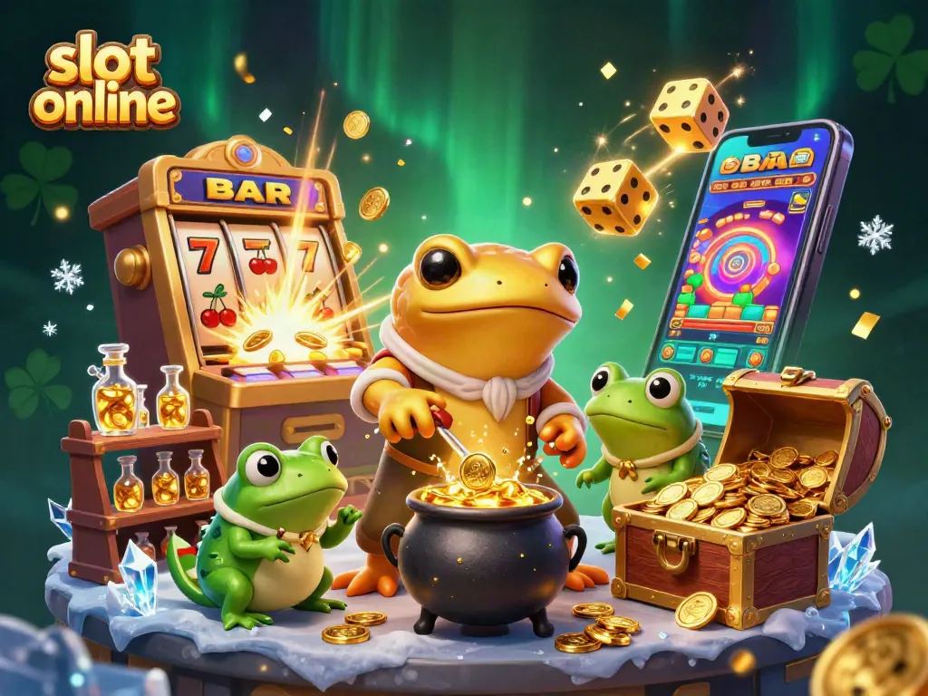 Play exciting slot online games with a dynamic 3D illustration of an alchemist and casino elements.