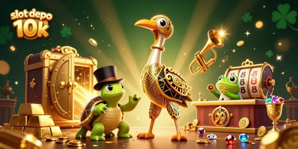 Experience the excitement of slot depo 10k with a vibrant casino scene featuring lively characters