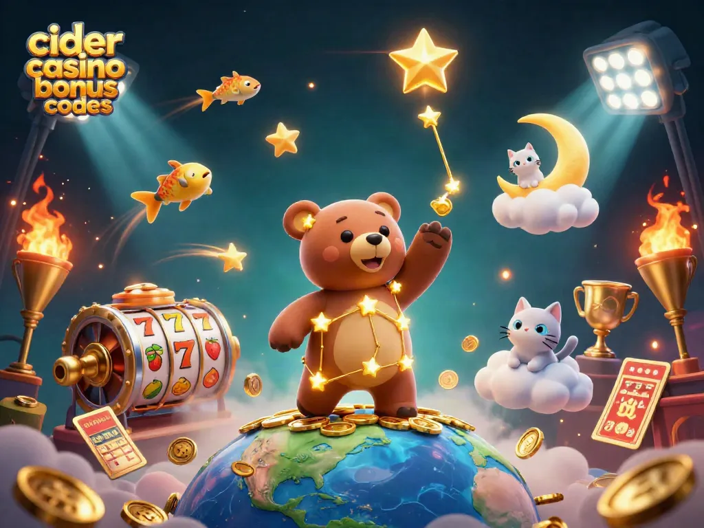 Cider casino bonus codes illuminate a dynamic scene with a constellation bear and a crescent moon cat collecting coins.
