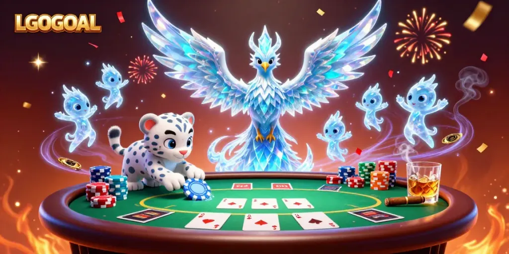 Engage in gaming strategy with LGOGOAL in this vibrant 3D casino illustration featuring a poker scene.