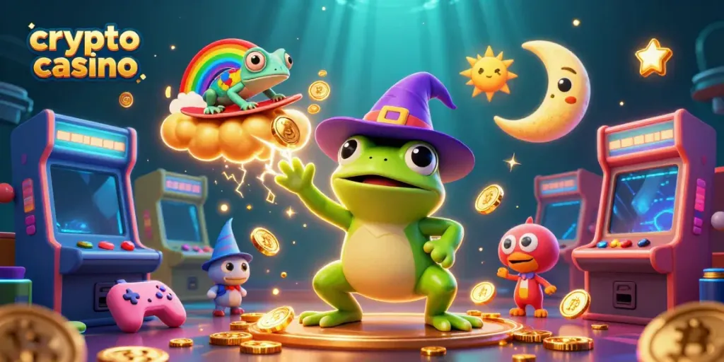 Engage in the exciting world of crypto casino with colorful characters and Bitcoin elements in a dynamic scene.