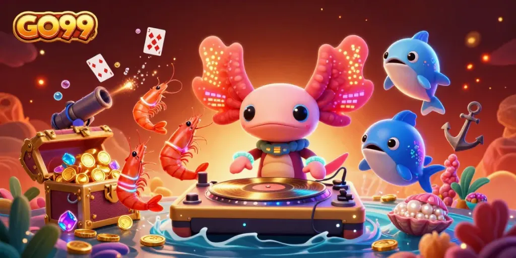 Engage in thrilling underwater gambling at GO99 with colorful axolotl DJ and treasures, capturing the excitement.
