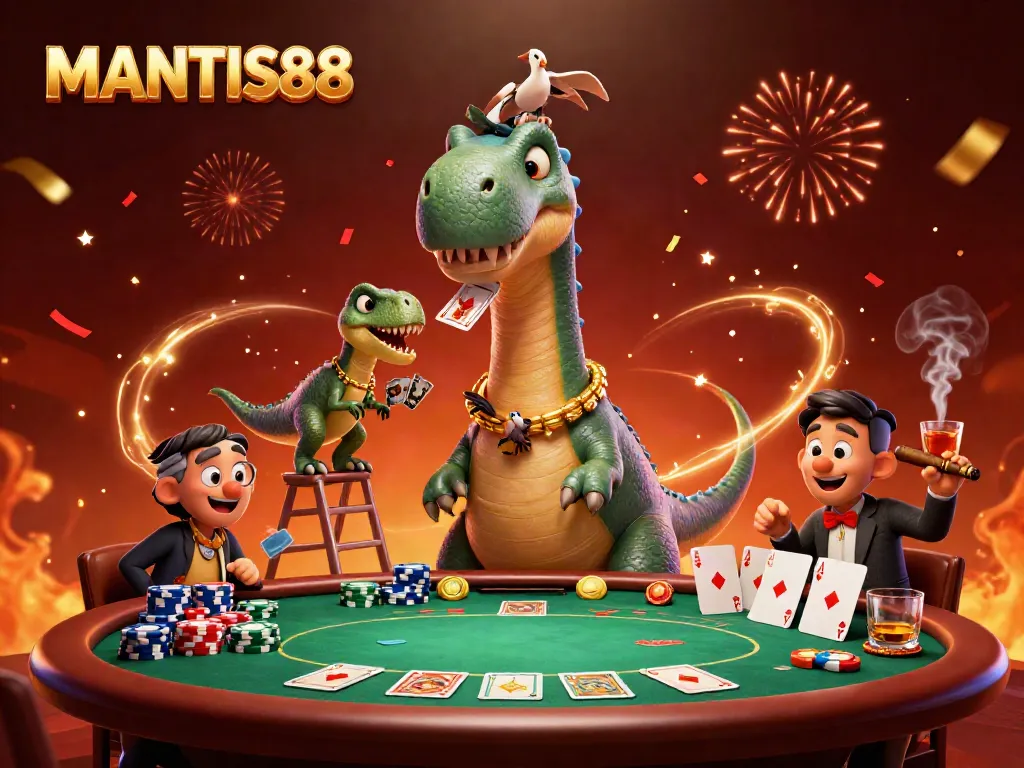 Join the excitement of MANTIS88 as a playful raptor deals cards to a towering brontosaurus in a lively casino scene.