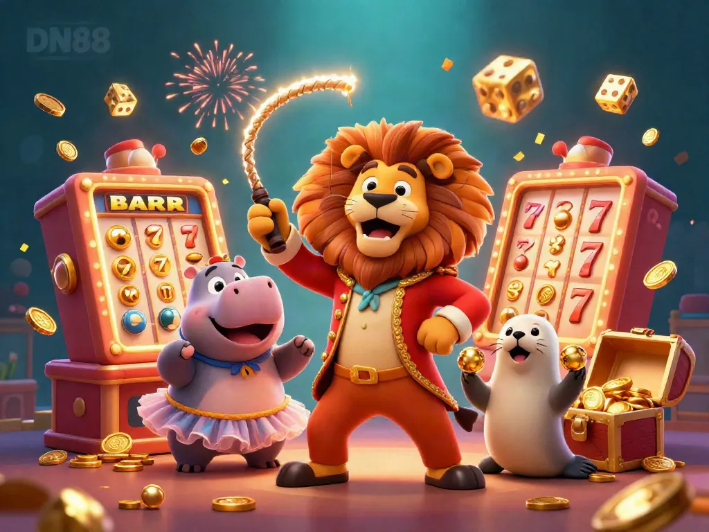 Experience thrilling moments with DN88 featuring vibrant casino elements and cartoon characters in action.