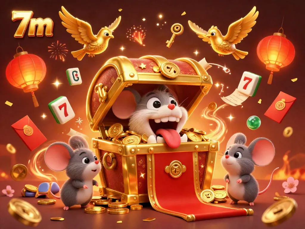 Engage in thrilling betting sensations with 7m's vibrant casino scene featuring treasure chest and animated game elements.